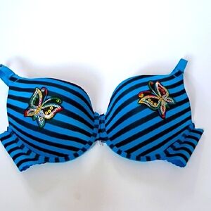 Blue Striped Bra with Butterfly Embellishments
